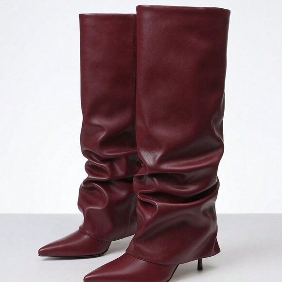 Burgundy Casual Women's Knee High Stilettos Heels Boots - Picture 2 of 6